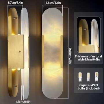 Sucelating 19.7in Brass Alabaster Wall Sconces, Natural Marble Wall Sconces Set of Two Indoor Alabaster Sconces for Living Room Modern Alabaster Sconces Wall Lighting for Dining Room Stairs Bedroom