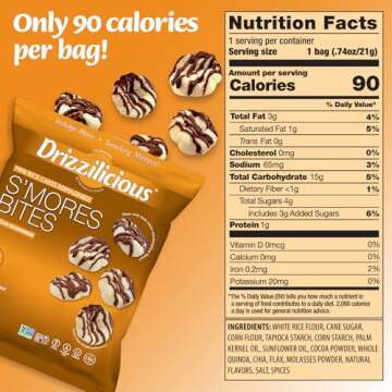 Drizzilicious Mini Rice Cakes S'mores - Rice Crisps, Healthy Snack for Adults and Kids, Flavored Rice Cakes, Vegan, Gluten Free, Allergen Free, Only 90 Calories Per Bag - 0.74 oz (Pack of 10)