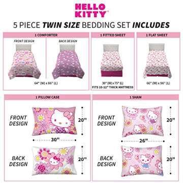 Franco Kids Bedding Super Soft Comforter and Sheet Set with Sham, 5 Piece Twin Size, Hello Kitty