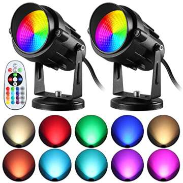 Junview Christmas 10W RGBW Led Uplighting Indoor Spot Lights Indoor with Remote 16 Color Changing Spotlight for Painting Artwork US 2-Plug 6 FT Cord with Floor Foot Switch(2 Pack with Base and Stake)