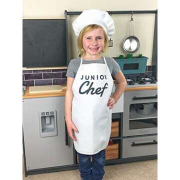 UP THE MOMENT Junior Chef Kids Apron & Chef Hat, Toddler Apron for Cooking, Childrens Chef Apron and Hat, Kids Apron and Chef Hat Set, White Kids Apron and Chef Hat