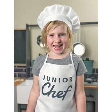 UP THE MOMENT Junior Chef Kids Apron & Chef Hat, Toddler Apron for Cooking, Childrens Chef Apron and Hat, Kids Apron and Chef Hat Set, White Kids Apron and Chef Hat