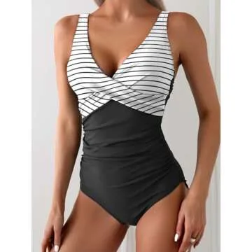 Eomenie Women's One Piece Swimsuits Tummy Control Ruched Push Up Bathing Suit Tie Back Slimming Swimwear