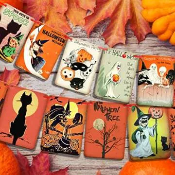 Vintage Halloween Party Decorations Johanna Parker Decor, Vintage Trick or Treat Sign Banner, Retro Halloween Pumpkin Garland Flag, Victorian Style Cats Witches Ghosts Vintage Party Supplies