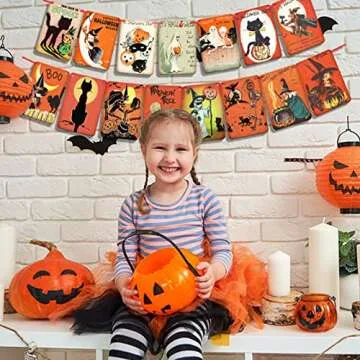 Vintage Halloween Party Decorations Johanna Parker Decor, Vintage Trick or Treat Sign Banner, Retro Halloween Pumpkin Garland Flag, Victorian Style Cats Witches Ghosts Vintage Party Supplies