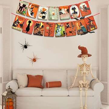 Vintage Halloween Party Decorations Johanna Parker Decor, Vintage Trick or Treat Sign Banner, Retro Halloween Pumpkin Garland Flag, Victorian Style Cats Witches Ghosts Vintage Party Supplies