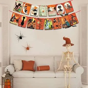 Vintage Halloween Party Decorations Johanna Parker Decor, Vintage Trick or Treat Sign Banner, Retro Halloween Pumpkin Garland Flag, Victorian Style Cats Witches Ghosts Vintage Party Supplies