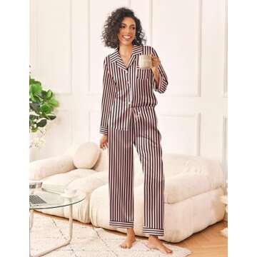 Ekouaer Womens Silk Satin Pajama Sets 2 Piece Sleepwear Pjs Set Long Sleeve Button Down Top and Pants Stripe Loungewear,S