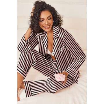 Ekouaer Womens Silk Satin Pajama Sets 2 Piece Sleepwear Pjs Set Long Sleeve Button Down Top and Pants Stripe Loungewear,S