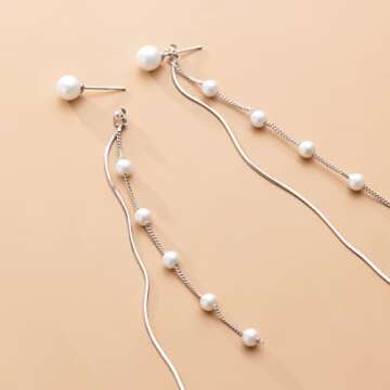 SLUYNZ Solid 925 Sterling Silver Simulated Shell Pearl Dangle Earrings Chain for Women Teen Girls Elegant Long Dangle Earrings Tassel Wedding Dangle Earrings (A-Sterling Silver)