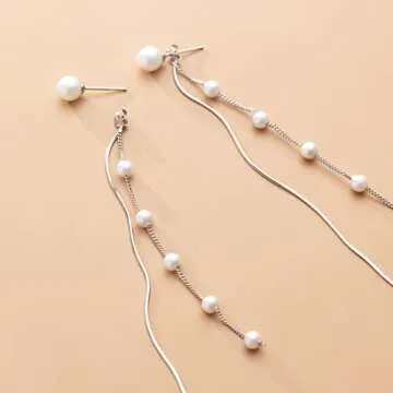 SLUYNZ Solid 925 Sterling Silver Simulated Shell Pearl Dangle Earrings Chain for Women Teen Girls Elegant Long Dangle Earrings Tassel Wedding Dangle Earrings (A-Sterling Silver)