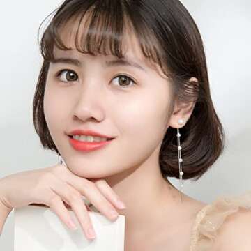 SLUYNZ Solid 925 Sterling Silver Simulated Shell Pearl Dangle Earrings Chain for Women Teen Girls Elegant Long Dangle Earrings Tassel Wedding Dangle Earrings (A-Sterling Silver)