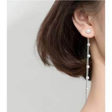 SLUYNZ Solid 925 Sterling Silver Simulated Shell Pearl Dangle Earrings Chain for Women Teen Girls Elegant Long Dangle Earrings Tassel Wedding Dangle Earrings (A-Sterling Silver)