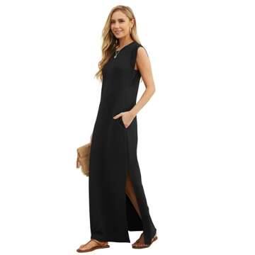 GRECERELLE Women's Summer Casual Loose Split Long Maxi Sun Dress with Pockets (Medium, Black)