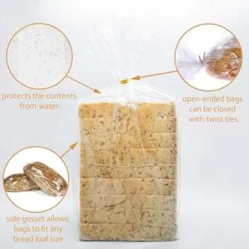 Bread Poly Bags,100 Pieces 15x3x6 Inches Bread Loaf Packing Bags with 100 Twist Ties,Clear Thick Gusseted Grocery Bakery Bag (Medium-6x3x15)