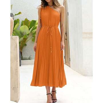 BTFBM Women's Drawstring One Shoulder Maxi Dresses Summer Sleeveless Tie Waist Pleated Long Flowy Pa...