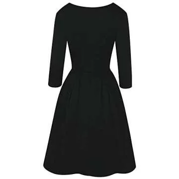 oxiuly Women's Vintage Patchwork Pockets Puffy Swing Casual Party Dress OX165 (Black Solid7, s)