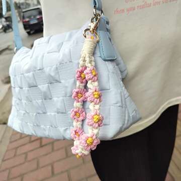 Poagoep Macrame Keychain Handmade Wristlet Keychain Wrist Lanyard for Keys Cute flower keychain Key Chain for Women(2)
