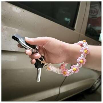 Poagoep Macrame Keychain Handmade Wristlet Keychain Wrist Lanyard for Keys Cute flower keychain Key Chain for Women(2)