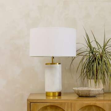 Brightech Arden LED Table Lamp with USB Port - Bedside Reading Lamp, Modern Desk Lamp, Nightstand Lamp with Ambient Lighting for Bedroom, Living Room, Office -Stylish Lampshade & Marble Finish