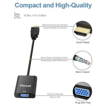 Moread HDMI to VGA, Gold-Plated HDMI to VGA Adapter (Male to Female) for Computer, Desktop, Laptop, PC, Monitor, Projector, HDTV, Chromebook, Raspberry Pi, Roku, Xbox and More - Black