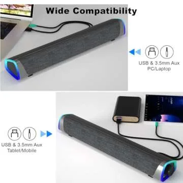 SOULION R30 Computer Speakers, Colorful LED Lights with Switch Button, Surround Sound Portable Computer Sound Bar Speakers for Desktop, Gray