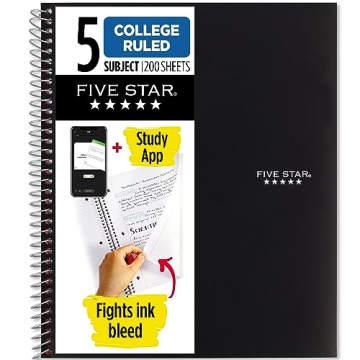 Five Star Spiral Notebook with Study App - 5 Subject, College Ruled, 200 Sheets, Black