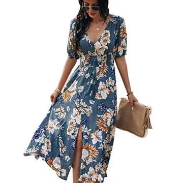 BROVAVE Floral Print V Neck Flowy Maxi Dress for Women