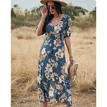 BROVAVE Floral Print V Neck Flowy Maxi Dress for Women