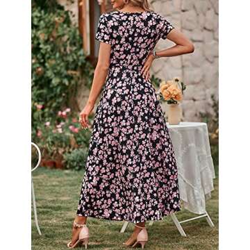 HUHOT Sexy Maxi Easter Dress for Women Spring Casual Bohemian Womens Dresses That Hide Belly Fat Large Black Floral Beach Vacation