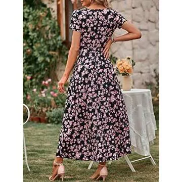 HUHOT Sexy Maxi Easter Dress for Women Spring Casual Bohemian Womens Dresses That Hide Belly Fat Large Black Floral Beach Vacation