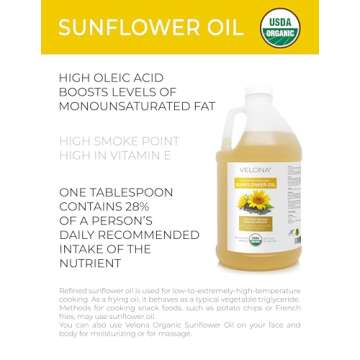 velona USDA Certified Organic Sunflower Oil - 64 Fl Oz | 100% Pure and Natural Carrier Oil | High Ol...