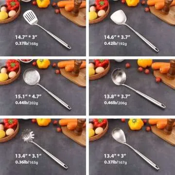 18/10 Stainless Steel Kitchen Utensils Set, 6 PCS All Metal Professional Cooking Utensils, 15" Long ...