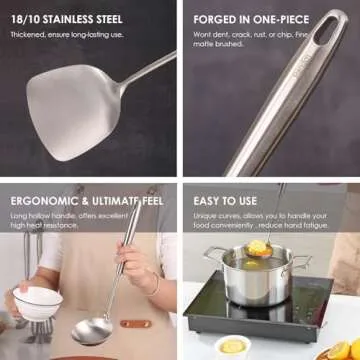 18/10 Stainless Steel Kitchen Utensils Set, 6 PCS All Metal Professional Cooking Utensils, 15" Long Kitchen Tools - Spatula, Ladle, Skimmer Spoon, Pasta Serve, Large Spoon, Slotted Spatula Tunner