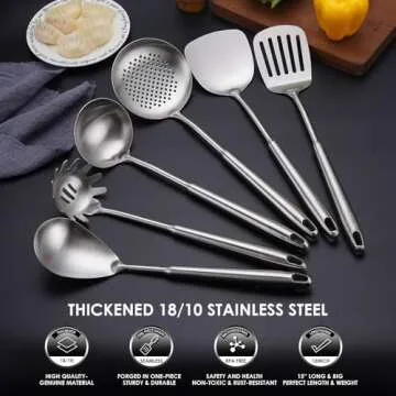 18/10 Stainless Steel Kitchen Utensils Set, 6 PCS All Metal Professional Cooking Utensils, 15" Long Kitchen Tools - Spatula, Ladle, Skimmer Spoon, Pasta Serve, Large Spoon, Slotted Spatula Tunner