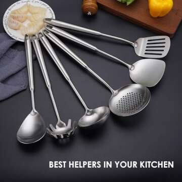 18/10 Stainless Steel Kitchen Utensils Set, 6 PCS All Metal Professional Cooking Utensils, 15" Long Kitchen Tools - Spatula, Ladle, Skimmer Spoon, Pasta Serve, Large Spoon, Slotted Spatula Tunner