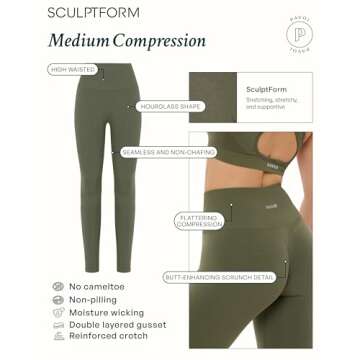 PAVOI ACTIVE SculptForm Leggings | Seamless Sculpting High Waisted Compression Full Length Scrunch Workout Women Leggings | Black, Large