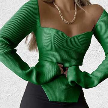 Stylish Dark Green ACOSAP Women's Square Neck Ribbed Sweater Crop Top