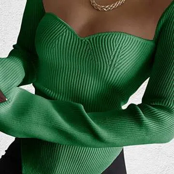 Chic ACOSAP Women's Square Neck Ribbed Sweater - Dark Green