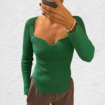 Chic ACOSAP Women's Square Neck Ribbed Sweater - Dark Green