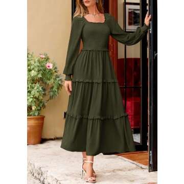 PRETTYGARDEN Women's Spring Long Sleeve Smocked Maxi Dress Casual Square Neck Swiss Dot Tiered Ruffl...