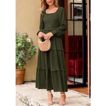 PRETTYGARDEN Women's Spring Long Sleeve Smocked Maxi Dress Casual Square Neck Swiss Dot Tiered Ruffle Flowy Pocket Dresses (Army Green,Medium)