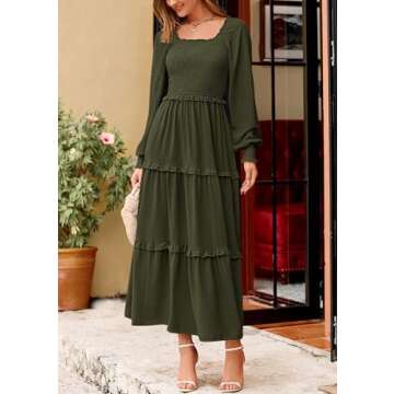 PRETTYGARDEN Women's Spring Long Sleeve Smocked Maxi Dress Casual Square Neck Swiss Dot Tiered Ruffle Flowy Pocket Dresses (Army Green,Medium)