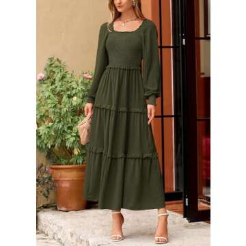 PRETTYGARDEN Women's Spring Long Sleeve Smocked Maxi Dress Casual Square Neck Swiss Dot Tiered Ruffle Flowy Pocket Dresses (Army Green,Medium)