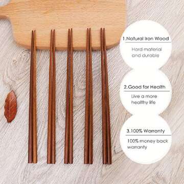 Wooden Chopsticks Reusable Dishwasher Safe 10 Pairs Chinese Asian Korea Iron Wood Handmade Chopstick Natural Healthy for Cooking Eating Restaurants Gourmets Noodles Portable Long Brown