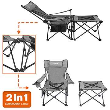 XGEAR 2 in 1 Folding Camping Chair Portable Lounge Chair with Detachable Table for Camping Fishing Beach and Picnics (Cool Grey)