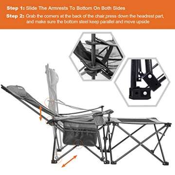 XGEAR 2 in 1 Folding Camping Chair Portable Lounge Chair with Detachable Table for Camping Fishing Beach and Picnics (Cool Grey)
