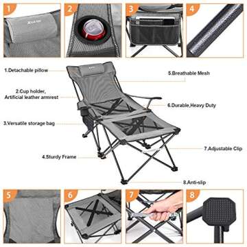 XGEAR 2 in 1 Folding Camping Chair Portable Lounge Chair with Detachable Table for Camping Fishing Beach and Picnics (Cool Grey)