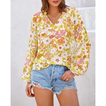 BTFBM Women Casual Boho Blouse Dressy Floral Puff Long Sleeve Shirts V Neck Lightweight Chiffon Summ...