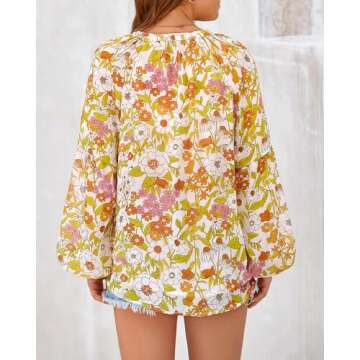 BTFBM Women Casual Boho Blouse Dressy Floral Puff Long Sleeve Shirts V Neck Lightweight Chiffon Summer Fall Tops 2025(Floral Yellow, Large)